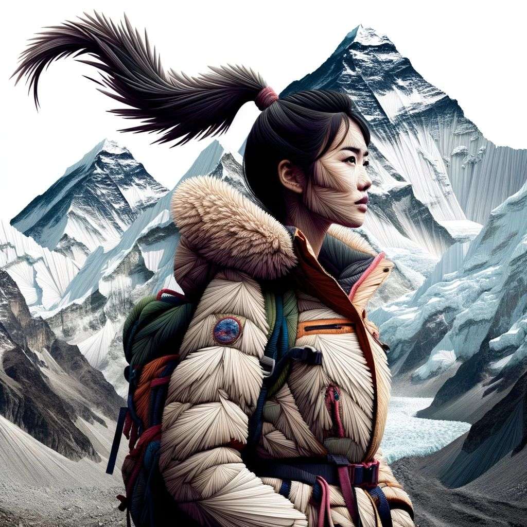 someone gazing at Mount Everest, digital art, made from feathers